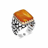 Silver Orange Tightened Amber Stone Square Men's Ring